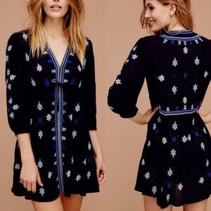 Free People Stargazer Boho Tribal Geometric Embroidered Gauze Black Dress XS
